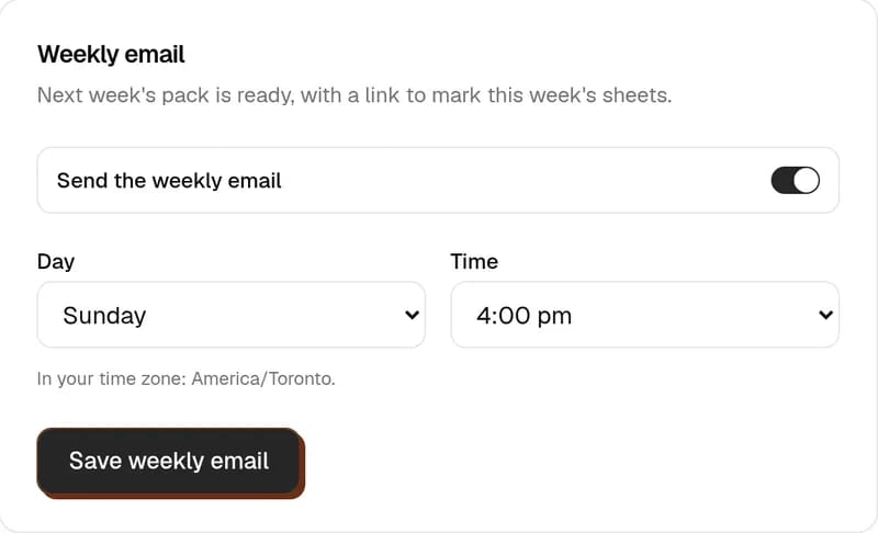 The weekly email setting in the app: on, Sunday at 4:00 pm.