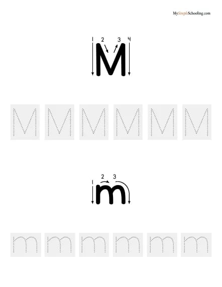 A letter sheet: capital and small M with stroke-order arrows, to trace.