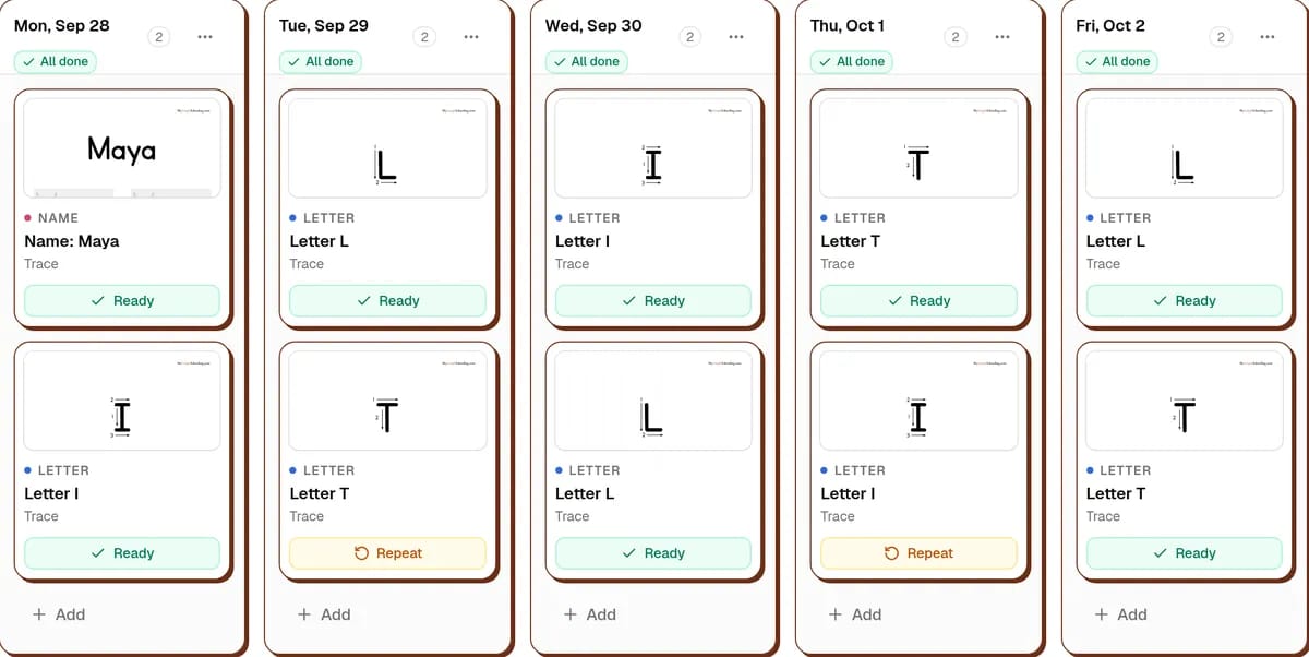 A marked week in the app: most sheets Ready, two marked Repeat.