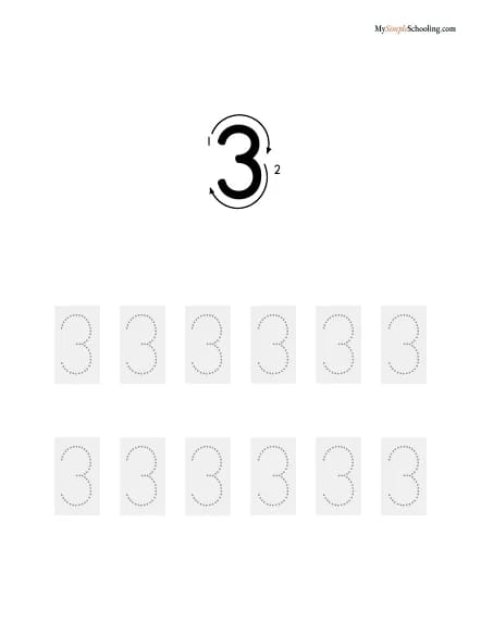 A number sheet: 3 with stroke-order arrows, to trace.