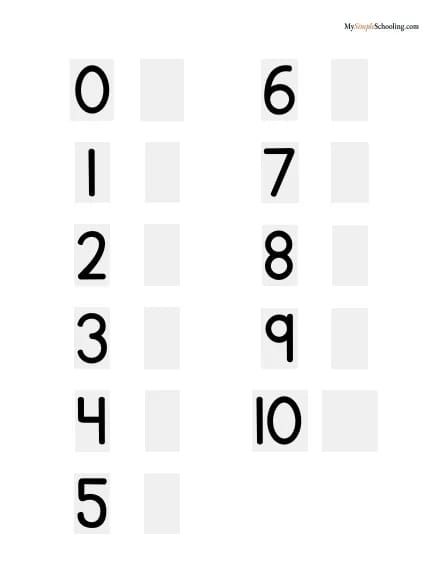 A numbers sheet: 0 to 10 with a box beside each.