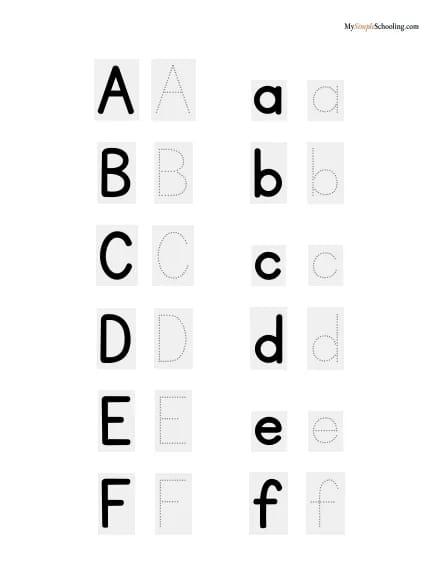 An alphabet sheet: capital and small letters, A to F.