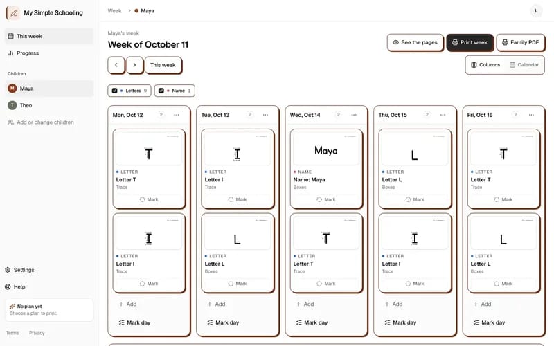 A child's week in the app on a computer: Monday to Friday, two sheets a day, each with a Mark button.