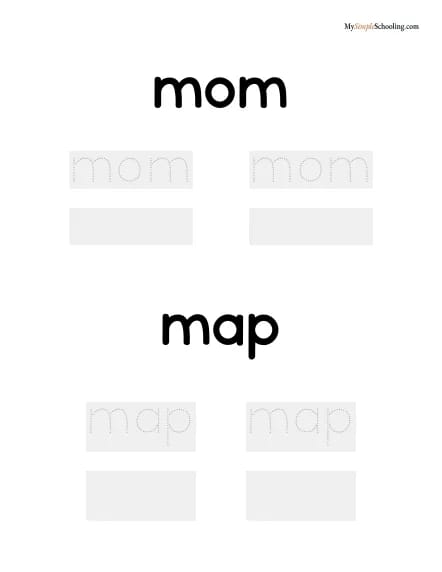 A words sheet with the child's own words: mom and map.