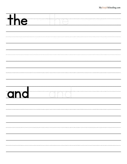 A words sheet on lines: the and and.