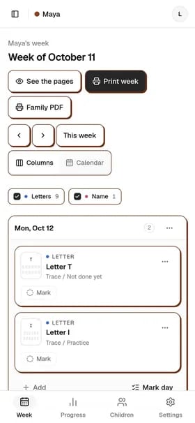 The same week on a phone: Monday's two sheets, Letter T and Letter I.