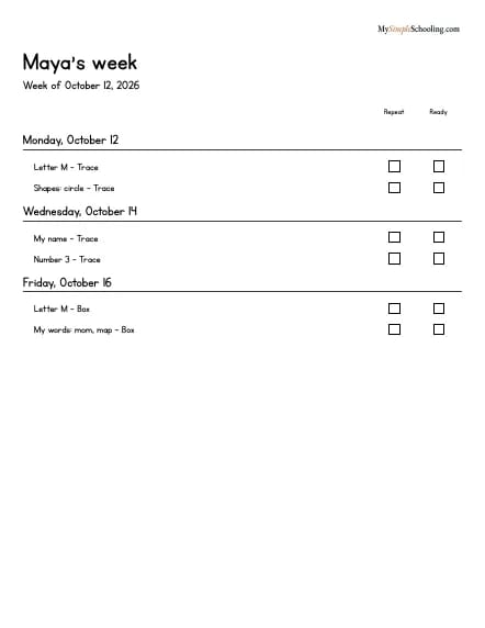 The week's first page: Maya's plan, each day's sheets with Repeat and Ready boxes.